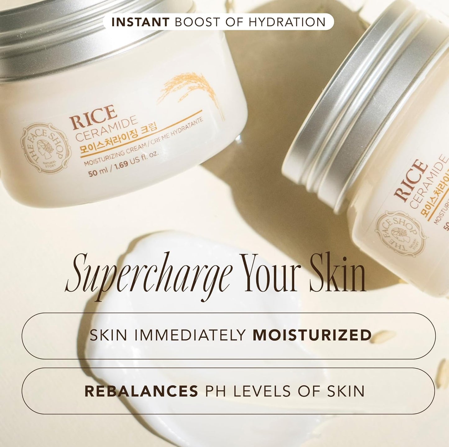 The Face Shop Rice Ceramide Moisturizing Cream - Rice Extract + Rice Bran Oil - Hydrating Targets Dryness, Brightening - Dermatologically Tested - Lightweight Moisturizer Face Cream - Korean Skin Care